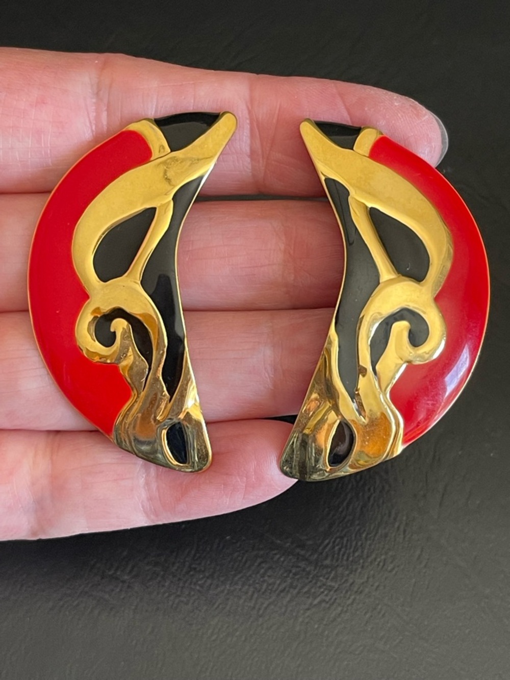 Vintage Edgar Berebi Gold-Tone Red and Black Enamel Statement Earrings